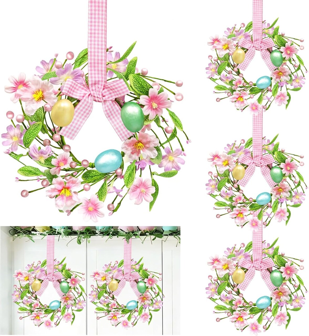 4-Pack 12-Inch Mini Easter Wreaths – Colorful Eggs, Flowers, and Bow for Kitchen Cabinets, Windows, Doors, and Spring Decor